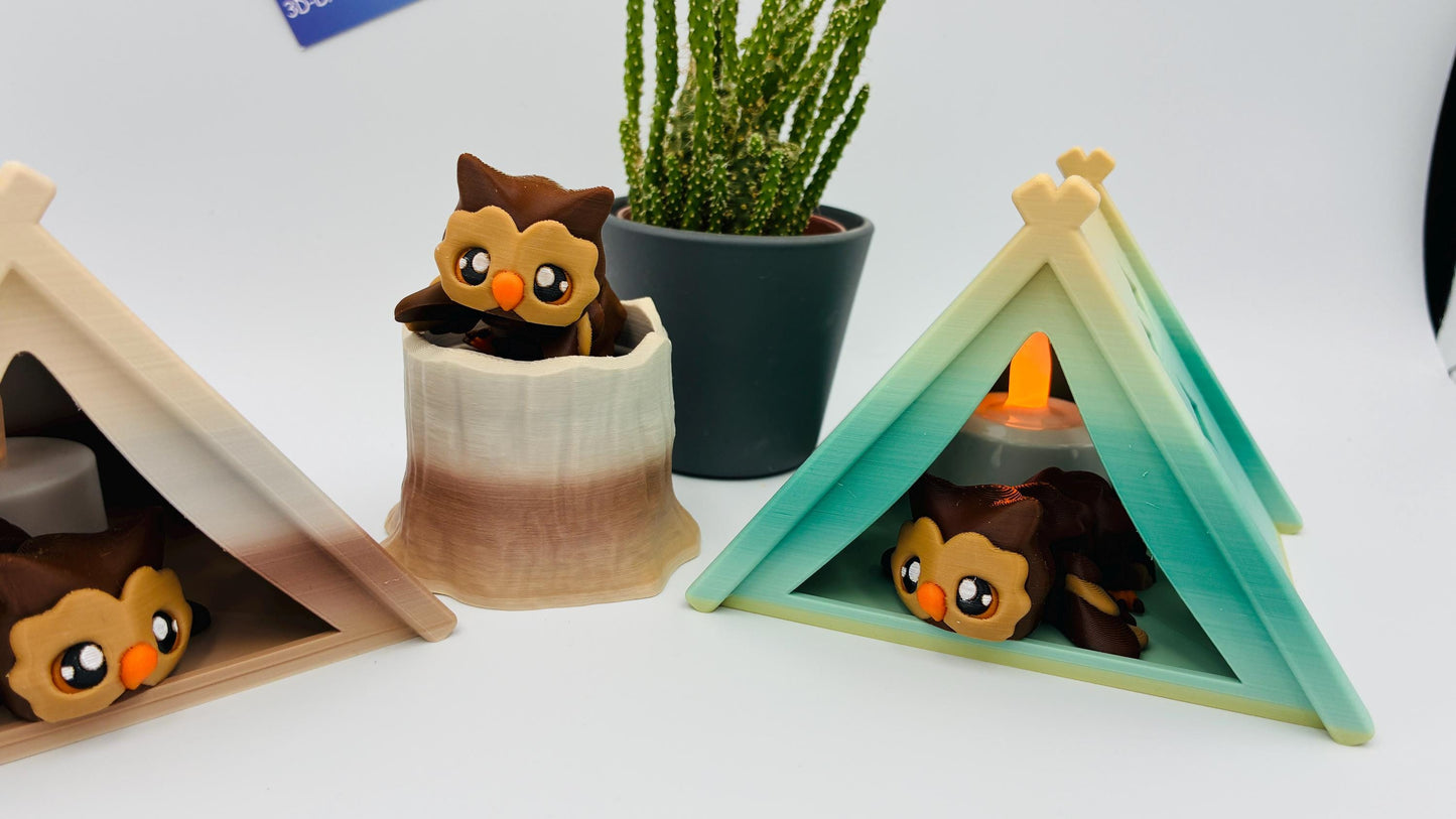 Bewegliche 3D gedruckte Baby Eule – optional als Schlüsselanhänger – mit Zelt oder Baumstumpf kombinierbar