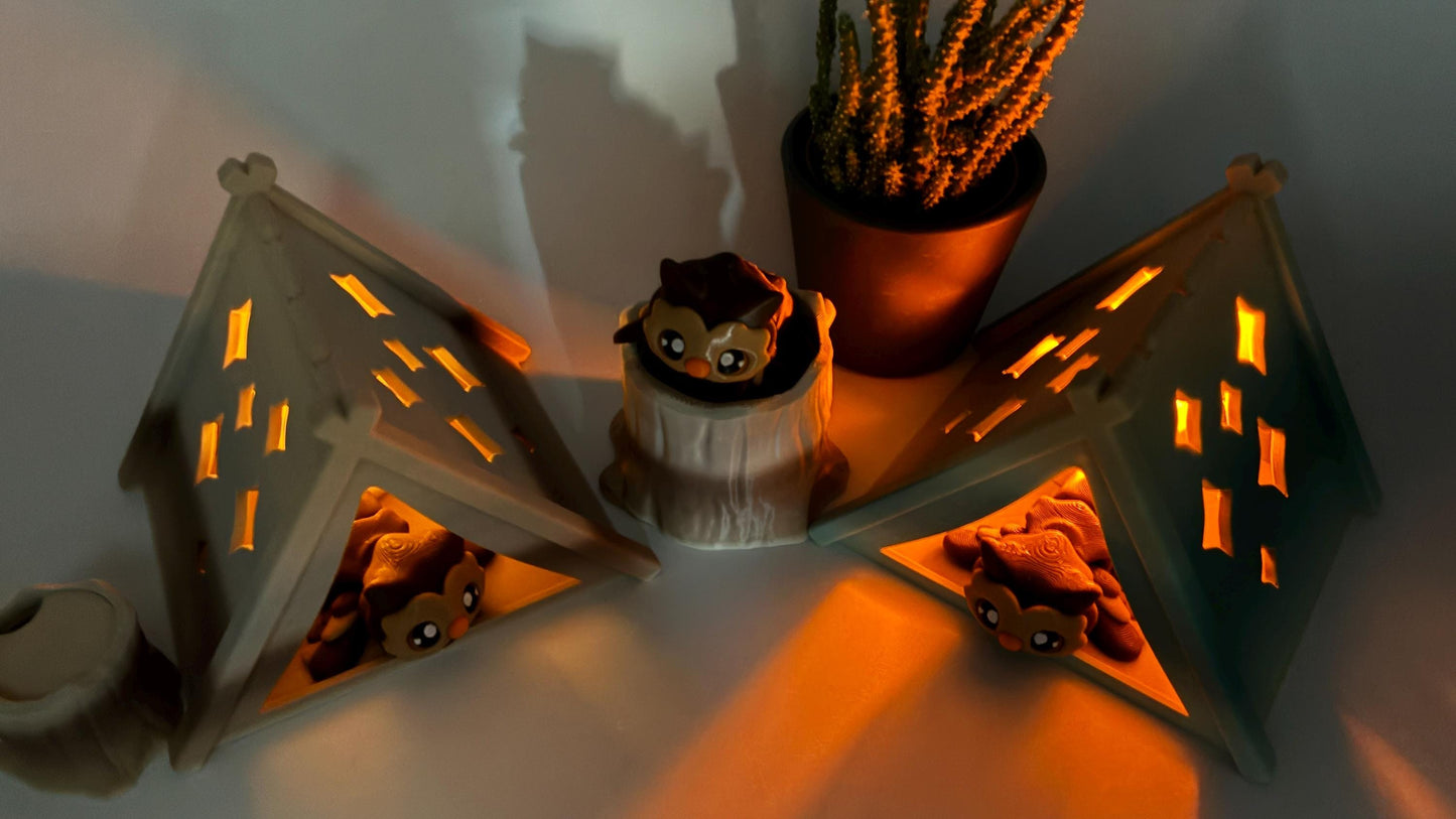 Bewegliche 3D gedruckte Baby Eule – optional als Schlüsselanhänger – mit Zelt oder Baumstumpf kombinierbar