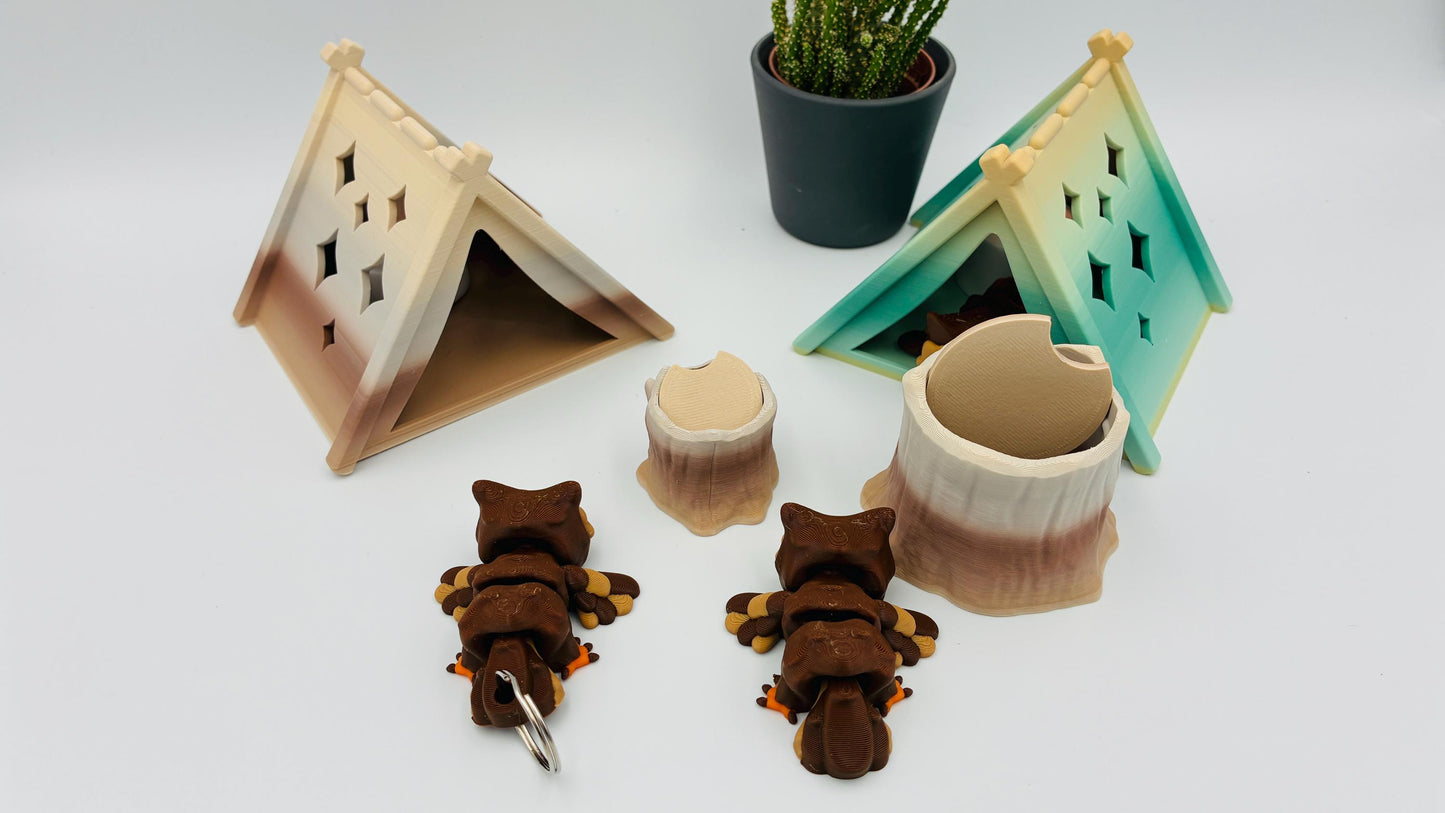 Bewegliche 3D gedruckte Baby Eule – optional als Schlüsselanhänger – mit Zelt oder Baumstumpf kombinierbar