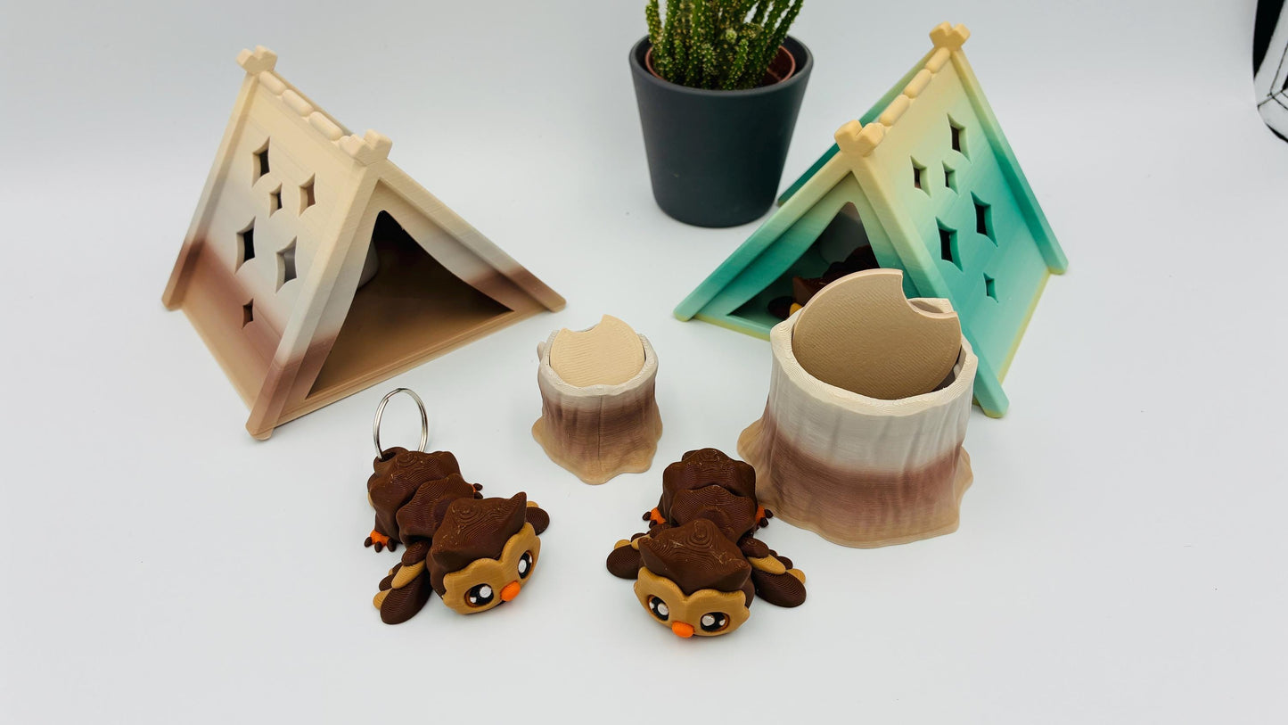 Bewegliche 3D gedruckte Baby Eule – optional als Schlüsselanhänger – mit Zelt oder Baumstumpf kombinierbar