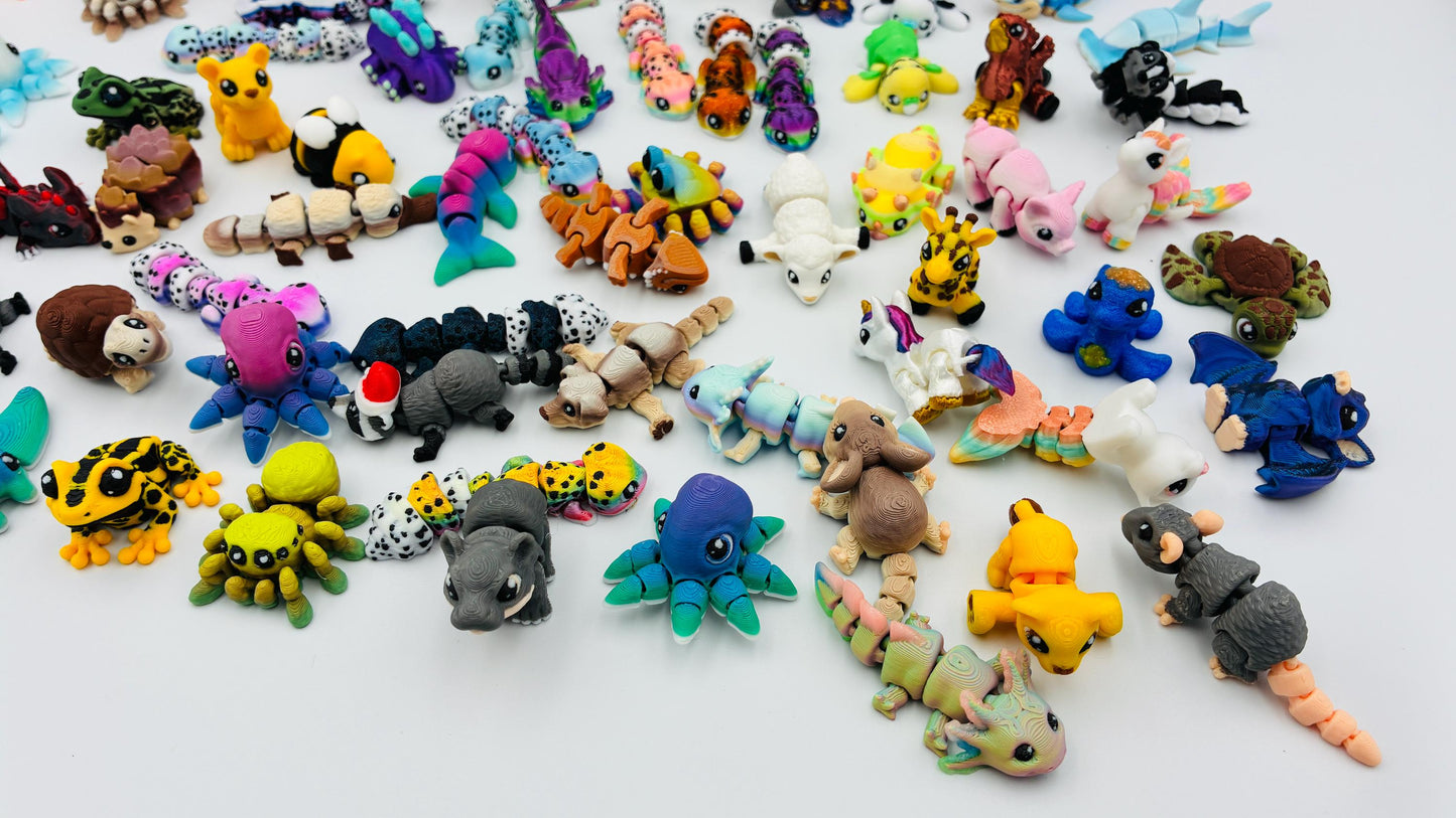 1.) Mystery Yordelz – Überraschungs-Set beweglicher Mini-Tierchen (3D-Druck) - zufällige Mini Figuren | optional mit Überraschungs-Ei