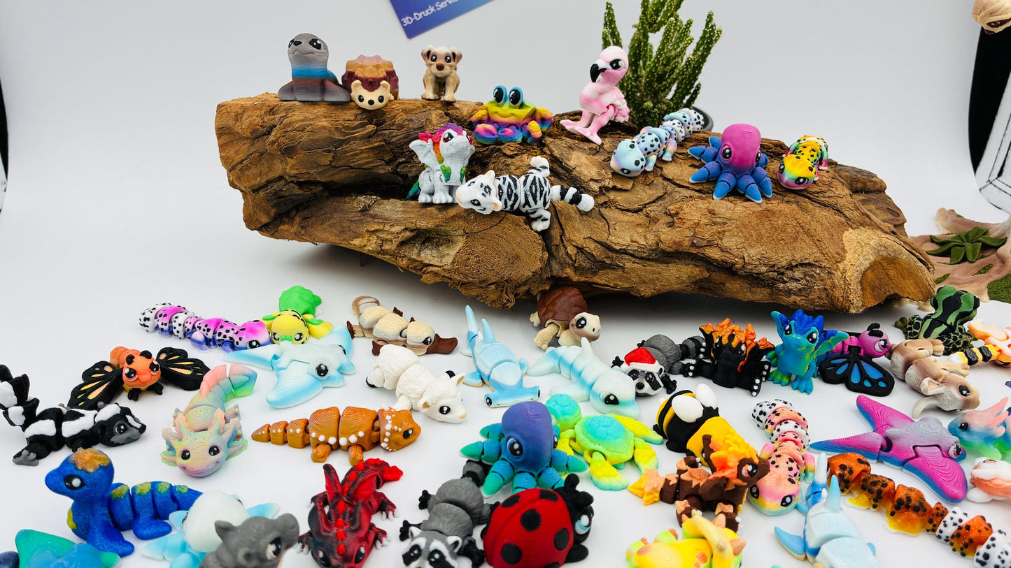 1.) Mystery Yordelz – Überraschungs-Set beweglicher Mini-Tierchen (3D-Druck) - zufällige Mini Figuren | optional mit Überraschungs-Ei