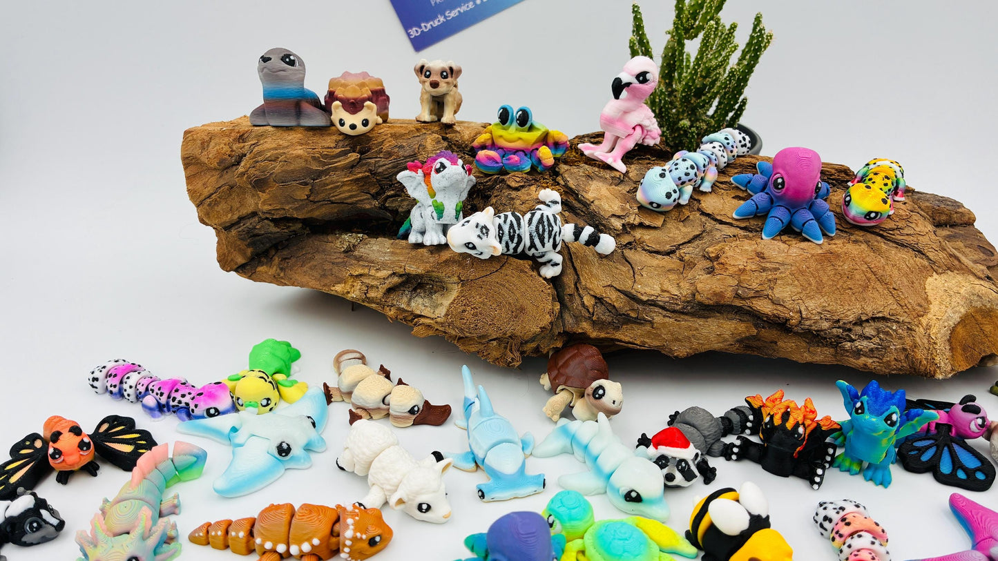 1.) Mystery Yordelz – Überraschungs-Set beweglicher Mini-Tierchen (3D-Druck) - zufällige Mini Figuren | optional mit Überraschungs-Ei