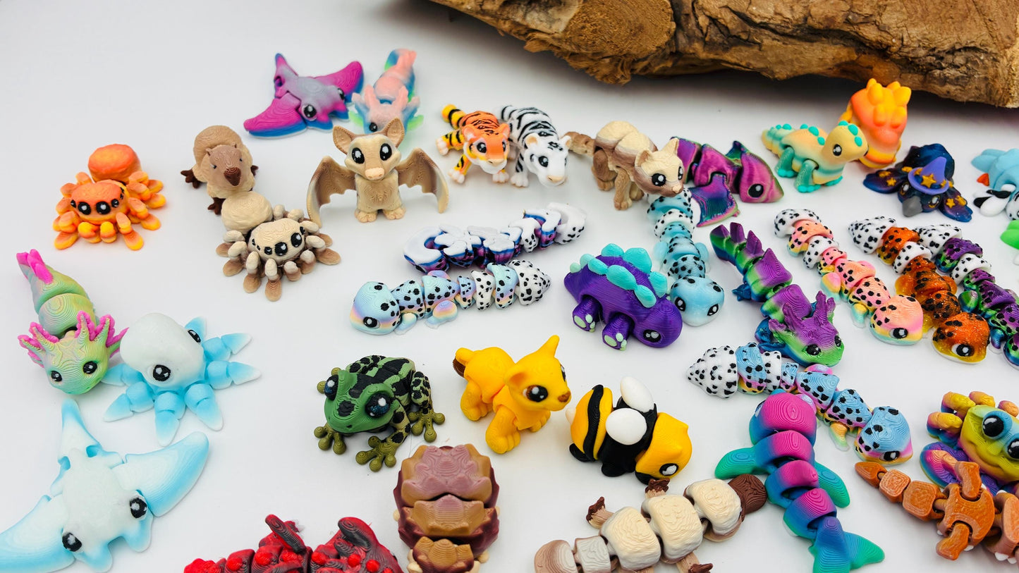 1.) Mystery Yordelz – Überraschungs-Set beweglicher Mini-Tierchen (3D-Druck) - zufällige Mini Figuren | optional mit Überraschungs-Ei