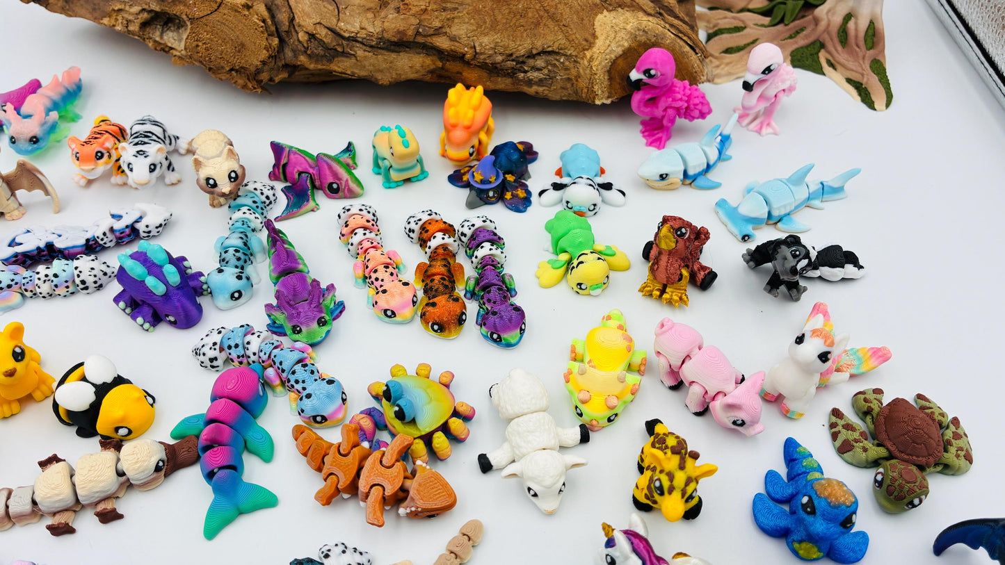 1.) Mystery Yordelz – Überraschungs-Set beweglicher Mini-Tierchen (3D-Druck) - zufällige Mini Figuren | optional mit Überraschungs-Ei