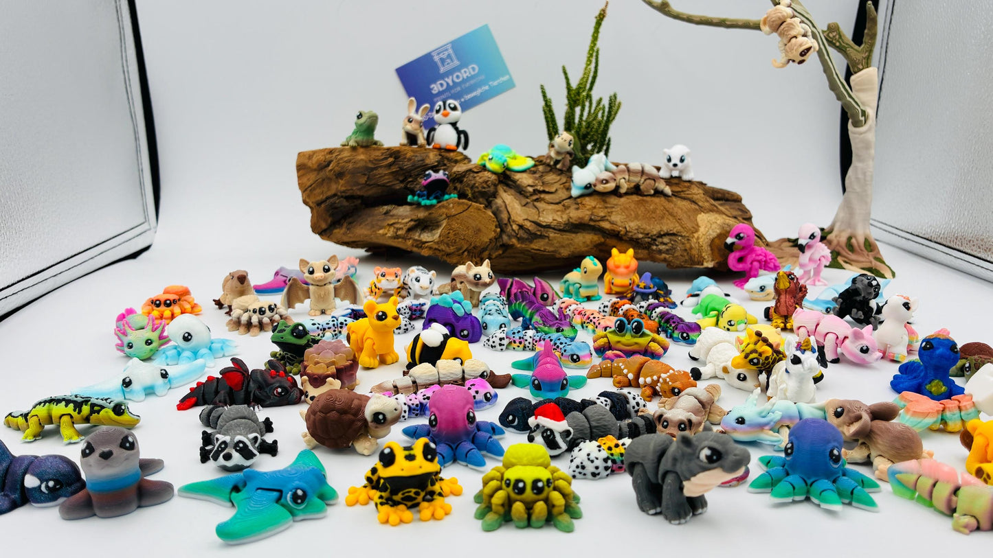1.) Mystery Yordelz – Überraschungs-Set beweglicher Mini-Tierchen (3D-Druck) - zufällige Mini Figuren | optional mit Überraschungs-Ei