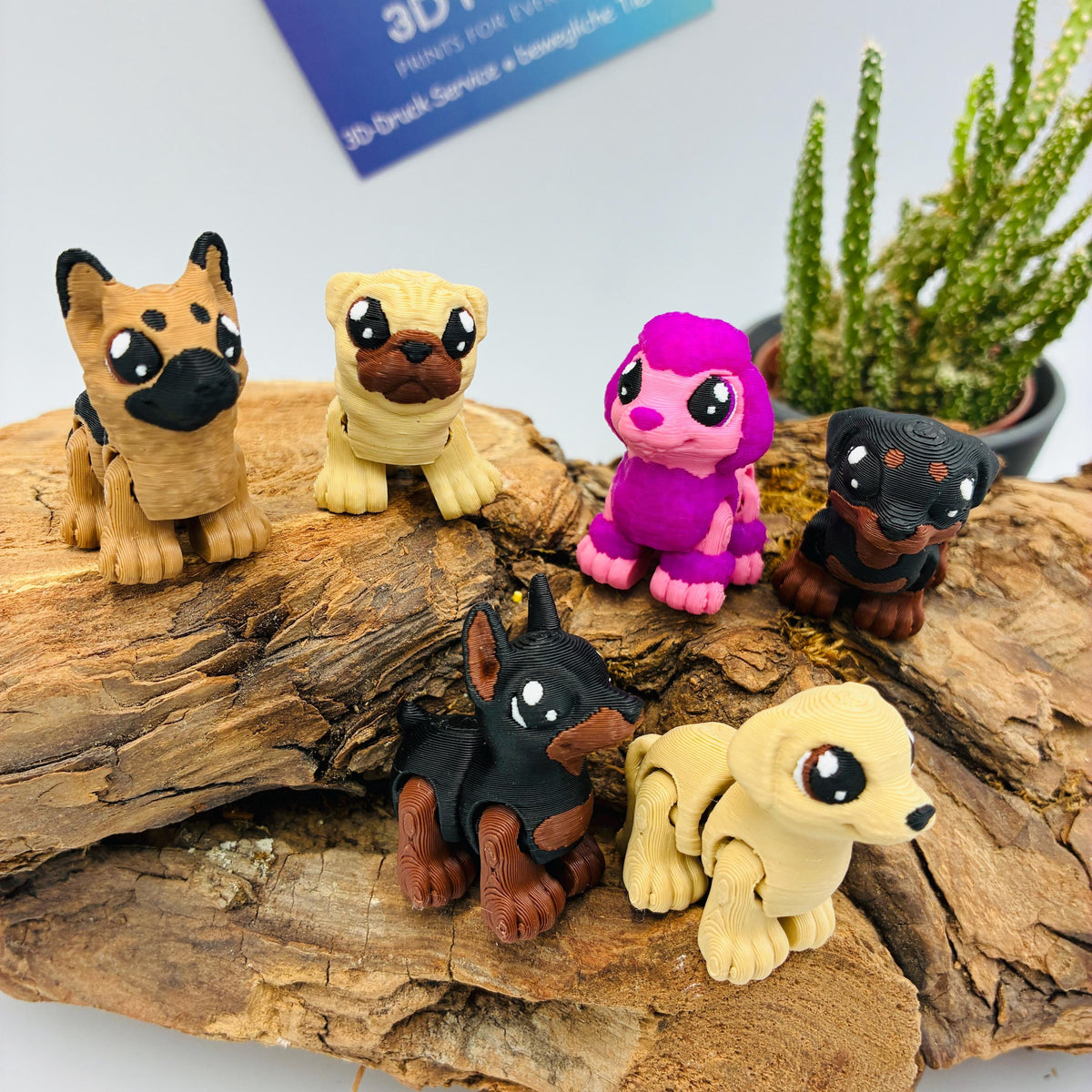 6 bewegliche Baby Hundefiguren als Deko – Welpen-Set mit Schäferhund, Mops, Labrador, Pudel, Rottweiler & Dobermann