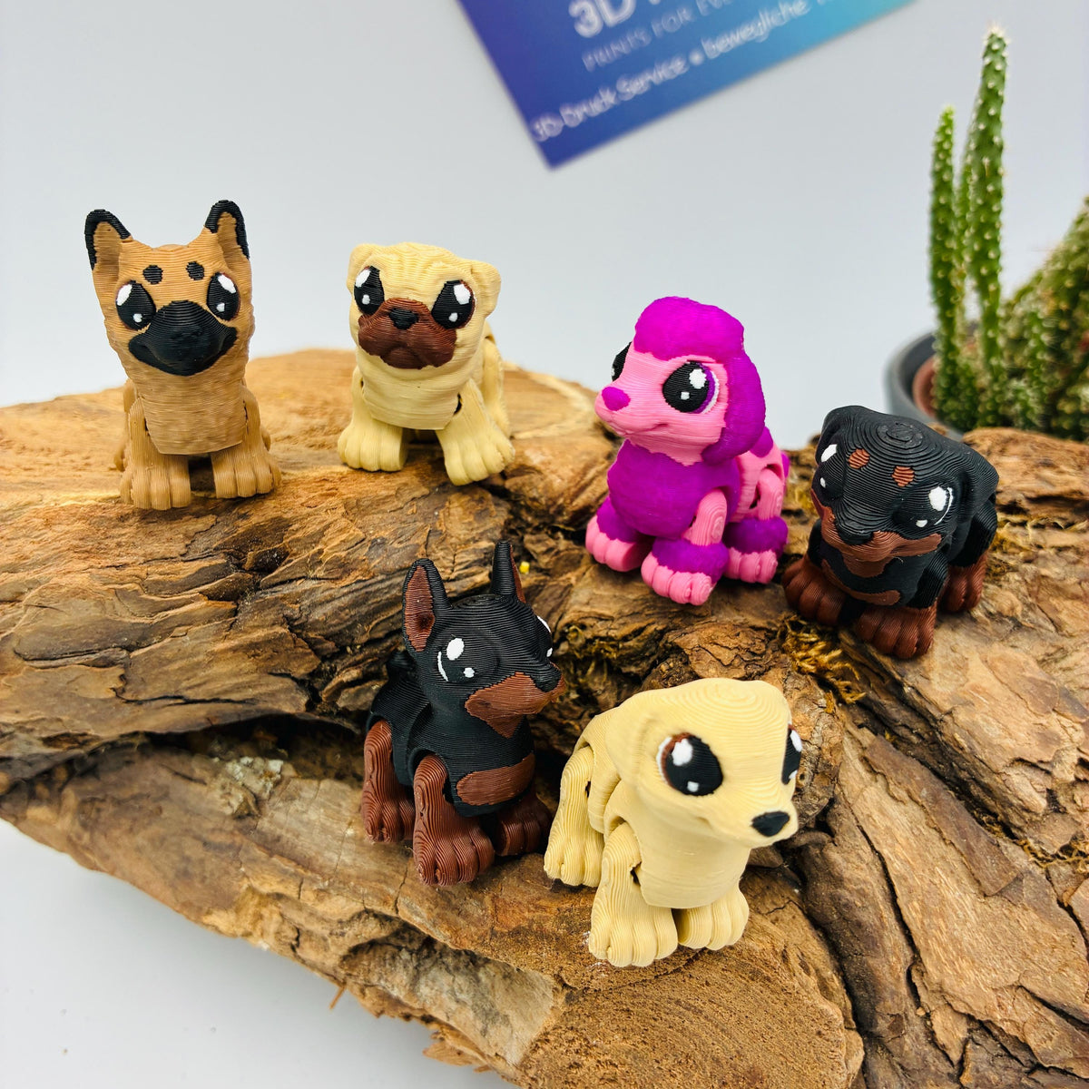 6 bewegliche Baby Hundefiguren als Deko – Welpen-Set mit Schäferhund, Mops, Labrador, Pudel, Rottweiler & Dobermann